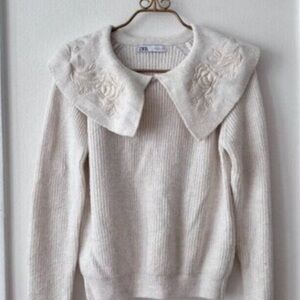 As is -Zara Peter Pan collar sweater. Off-white, ruffle sleeves.